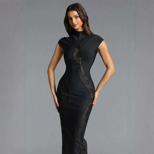 Damen Elegantes Kleid mit transparenten Spitzeinsätzen EB