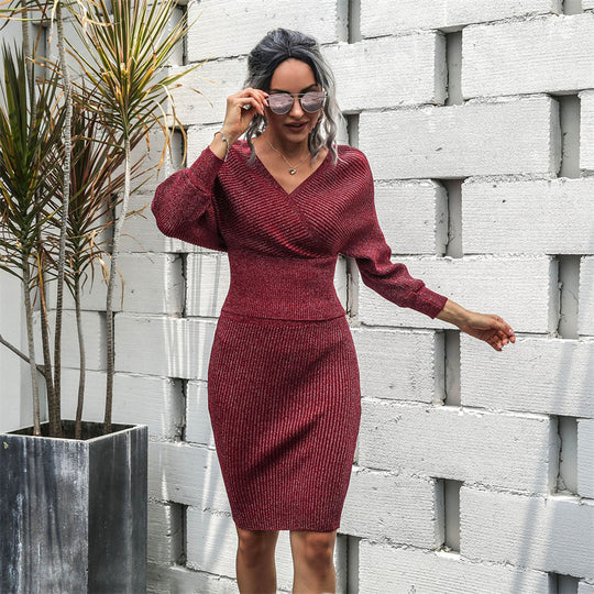 Damen Strickkleid mit tiefem V-Ausschnitt und schulterfreien Ärmeln EB