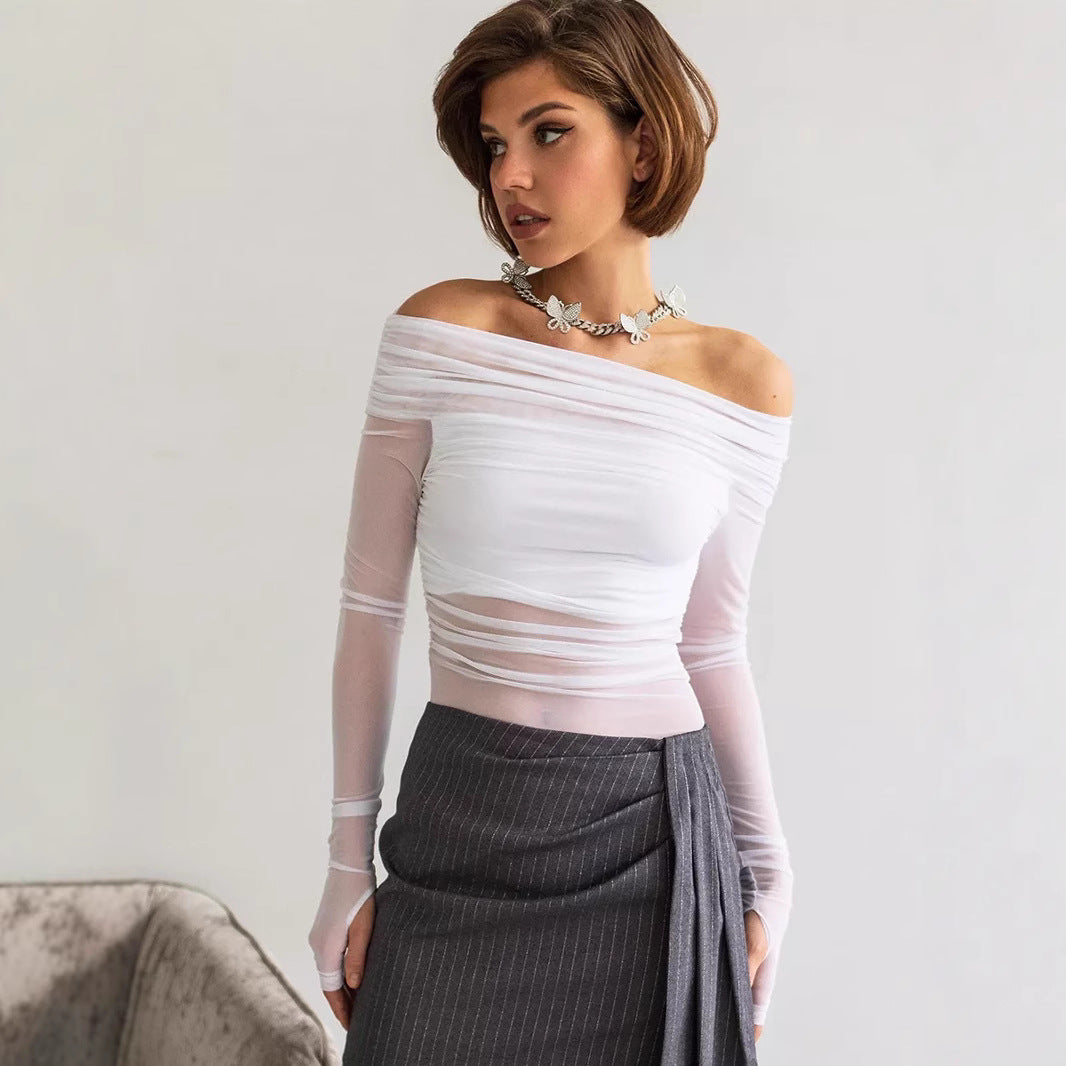 Damen Offshoulder Langarm-Top aus transparentem Netzmaterial EB