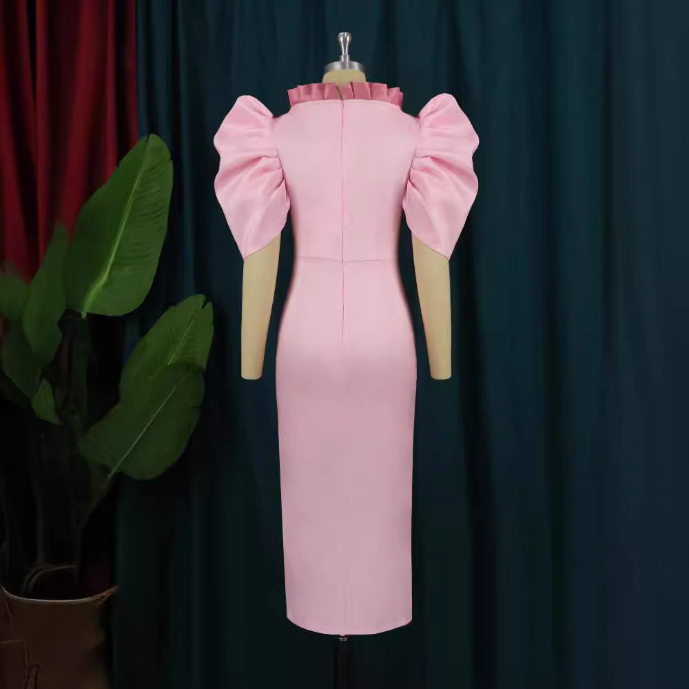 Damen Cocktailkleid mit voluminösen Puffärmeln und elegantem Schlitz EB