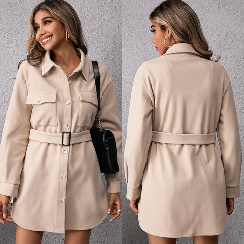 Damen Hemdblusenkleid mit taillierbarem Gürtel und dekorativen Brusttaschen EB