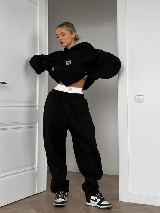 Damen Cropped Kapuzenpullover und weite High-Waist Jogginghose Set EB