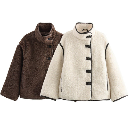 Damen kuschelige Fleecejacke mit hohem Kragen und dekorativen Knopfdetails EB