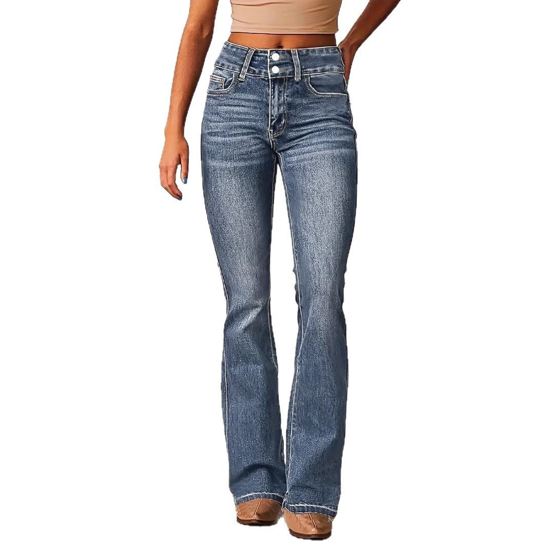 Damen Hohe Taille Flared Jeans mit dekorativen Knopfdetails und figurschmeichelndem Schnitt EB