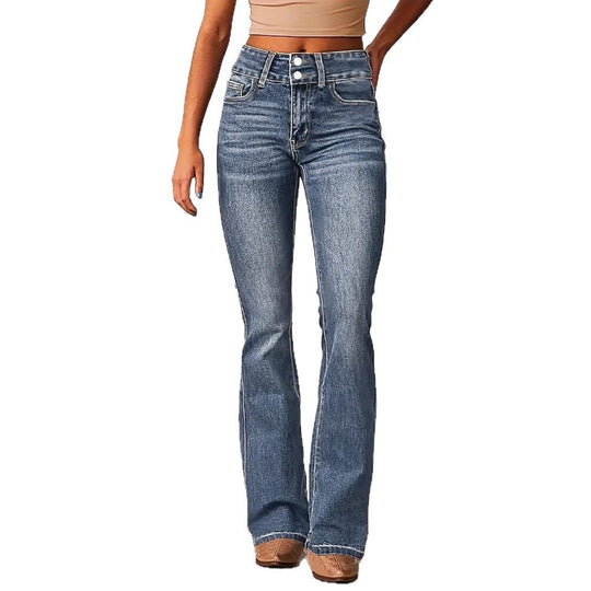 Damen Hohe Taille Flared Jeans mit dekorativen Knopfdetails und figurschmeichelndem Schnitt EB