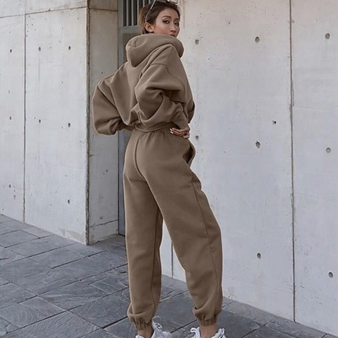 Damen lässiges Oversize-Kapuzen-Sweatset mit Cropped-Hoodie und Highwaist-Jogginghose EB