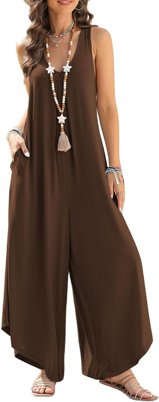 Damen luftiger Jumpsuit mit weitem Bein und praktischen Taschen EB