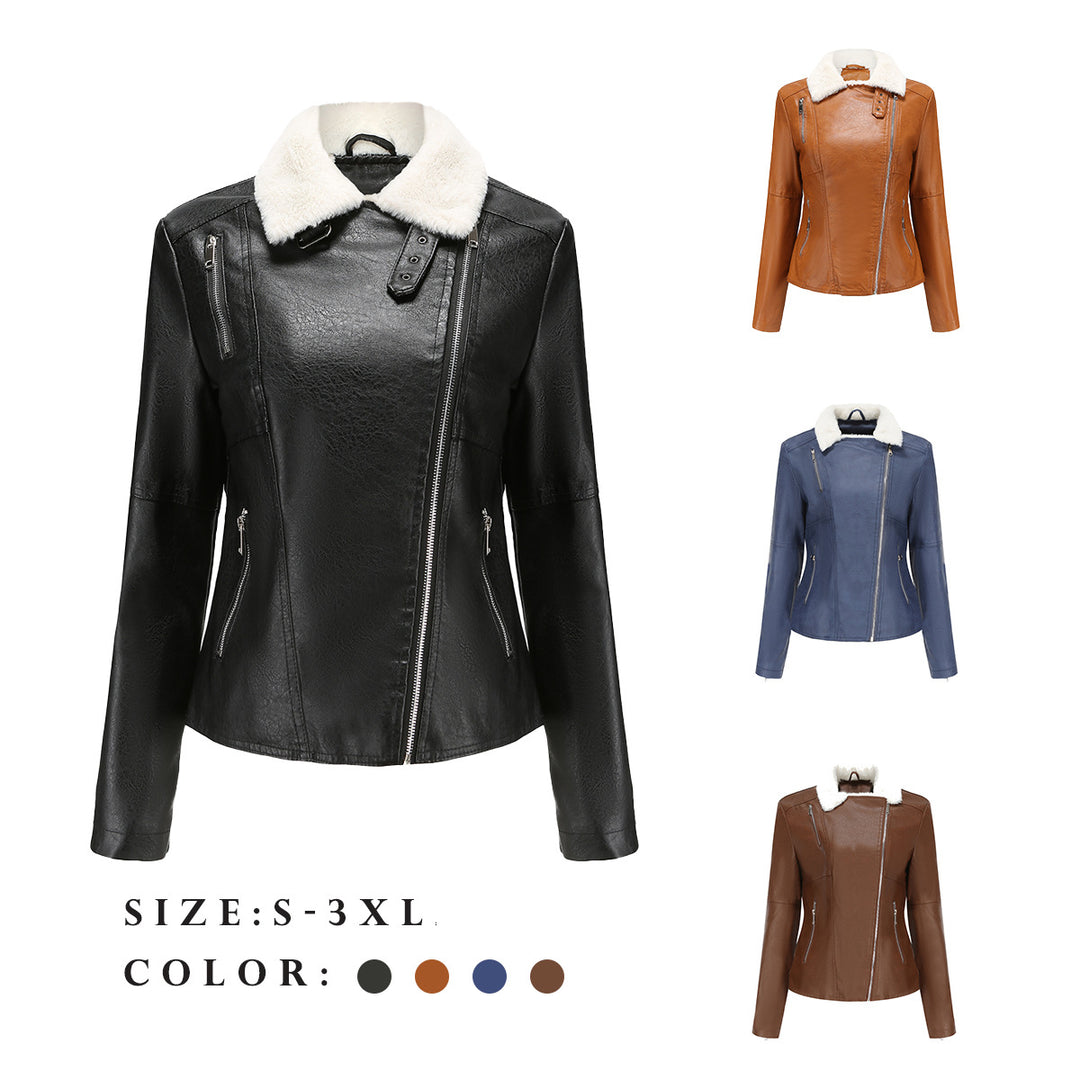 Damen nan taillierte Kunstleder-Bikerjacke mit abnehmbarem Kunstfellkragen und schrägem Reißverschluss EB