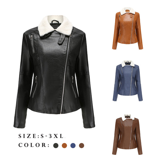 Damen nan taillierte Kunstleder-Bikerjacke mit abnehmbarem Kunstfellkragen und schrägem Reißverschluss EB