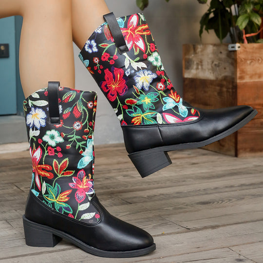 Damen Cowboy-Stiefel mit floralem Stickmotiv und komfortablem Blockabsatz EB