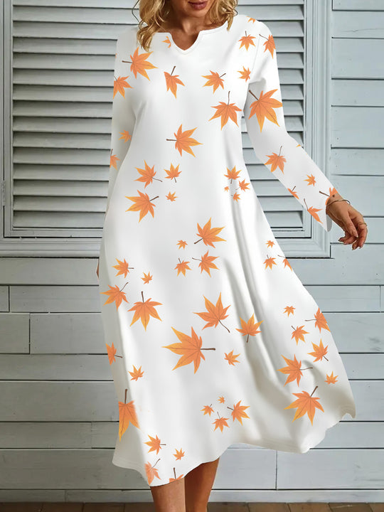 Damen Maxikleid mit V-Ausschnitt und herbstlichem Blattdesign EB