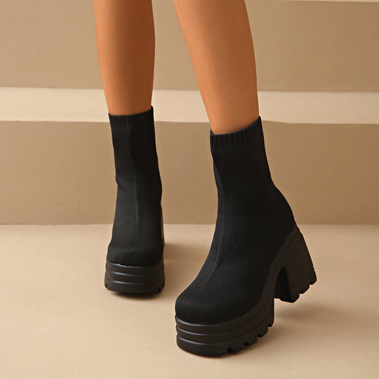 Damen Chunky Stiefeletten mit hohem Absatz und flexiblem Strickdesign EB