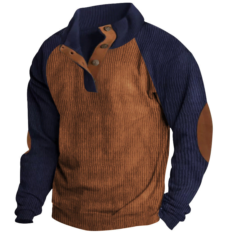 Herren nan strukturiertes Henley-Sweatshirt mit Stehkragen, Raglanärmeln und Ellbogenpatches EB