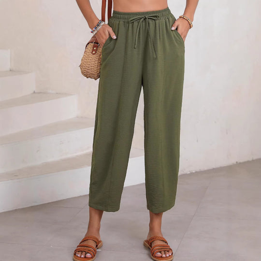 Damen Bequeme, weit geschnittene Sommerhose mit elastischem Bund und seitlichen Taschen EB