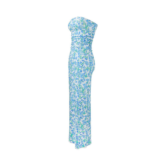 Damen elegantes, trägerloses Maxikleid mit raffiniertem Mustermix EB