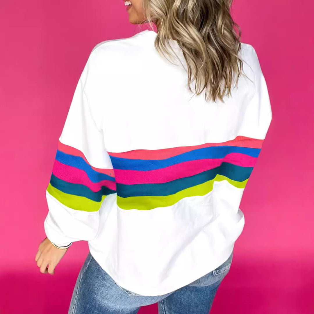 Damen Lässiges Oversized-Sweatshirt mit Bunten Streifen und Tieferem Rundhalsausschnitt EB