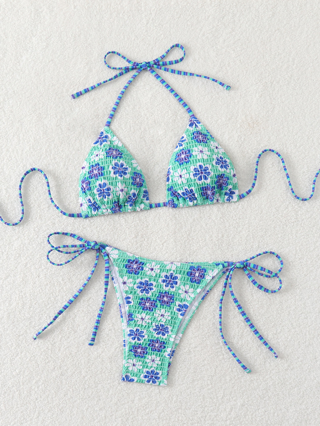 Damen Triangel-Bikini mit verspieltem Blumendesign und elastischen Trägern EB