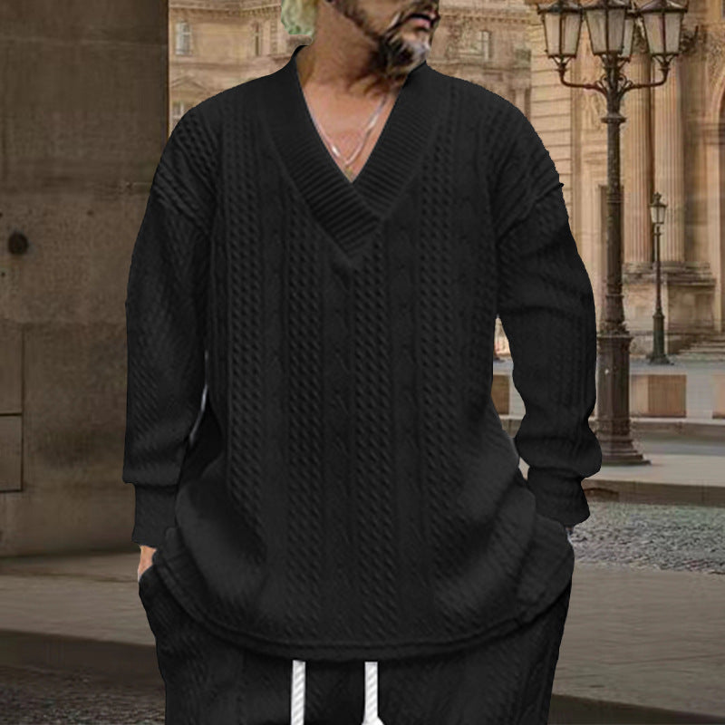 Herren nan grob gestrickter V-Ausschnitt-Pullover mit Zopfmuster und relaxed Fit EB