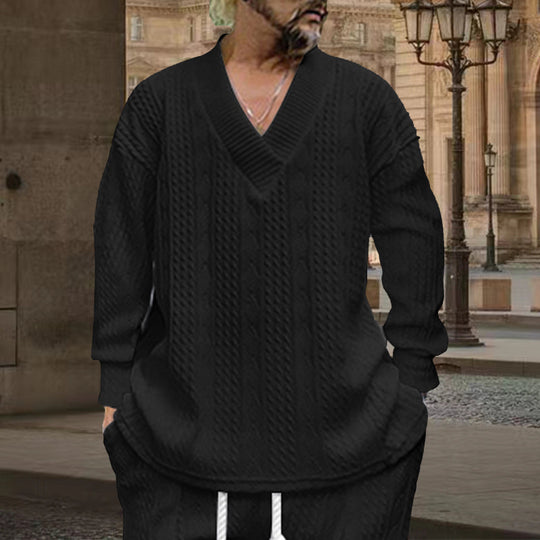 Herren nan grob gestrickter V-Ausschnitt-Pullover mit Zopfmuster und relaxed Fit EB