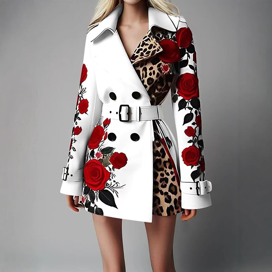 Damen Taillierter Trenchcoat mit Rosenprint und Leoparden-Innenfutter EB