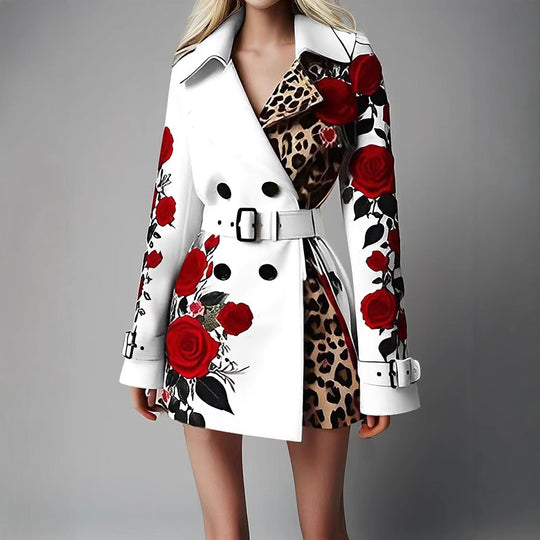 Damen Taillierter Trenchcoat mit Rosenprint und Leoparden-Innenfutter EB