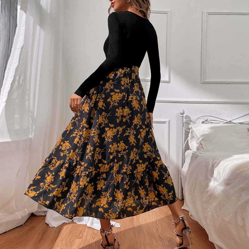 Damen figurbetontes V-Neck-Longsleeve Oberteil mit voluminösem Midi-Rock im floralem Wickelstil Eichborn Berlin