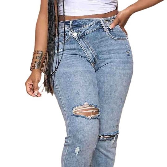Damen High-Waist Boyfriend Jeans mit ausgefranstem Saum und lässigem Used-Look EB
