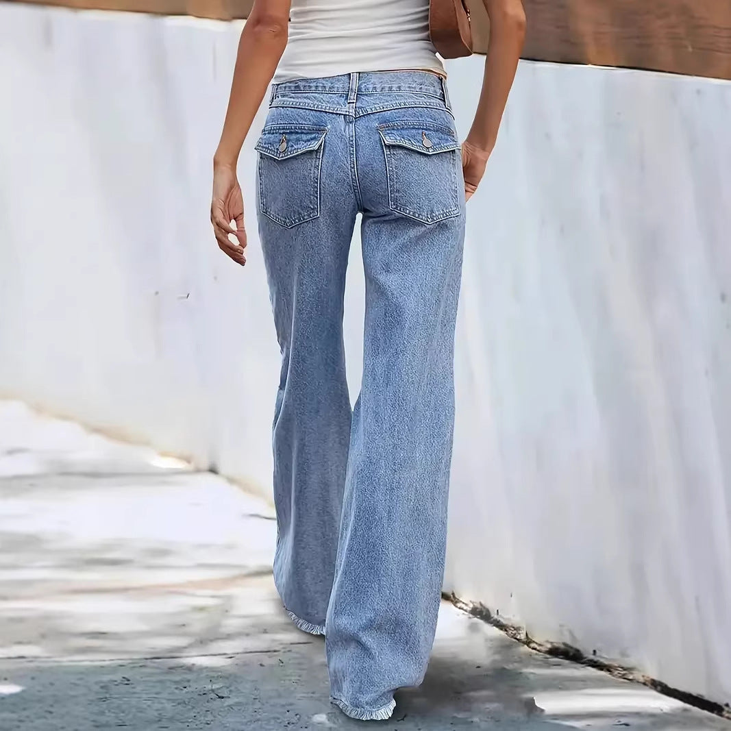 Damen weit geschnittene Jeans mit fransigem Saum EB