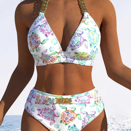 Damen Triangel-Bikini mit verstellbaren Bindebändern und modischem Wellenmuster EB