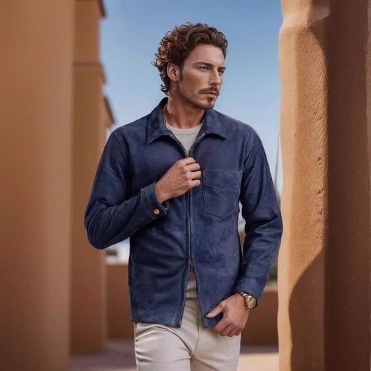 Herren modische Wildlederjacke mit Reißverschluss und Brusttasche EB