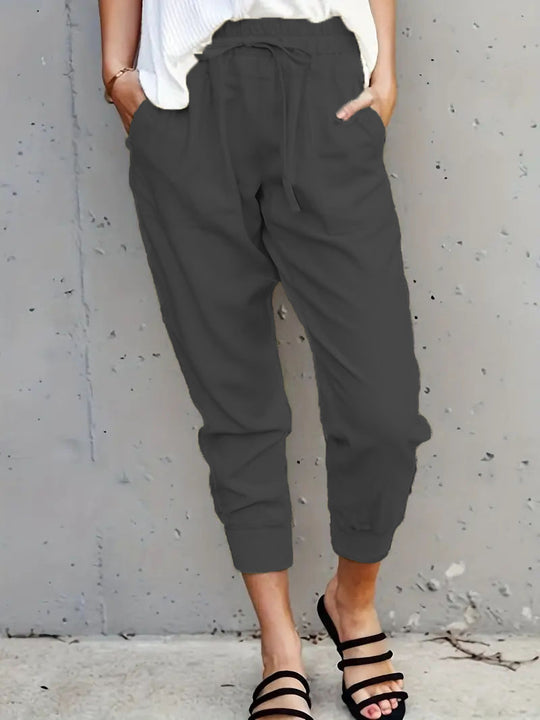 Damen nan lässige tapered Leinenhose mit elastischem Bund und Bündchen EB