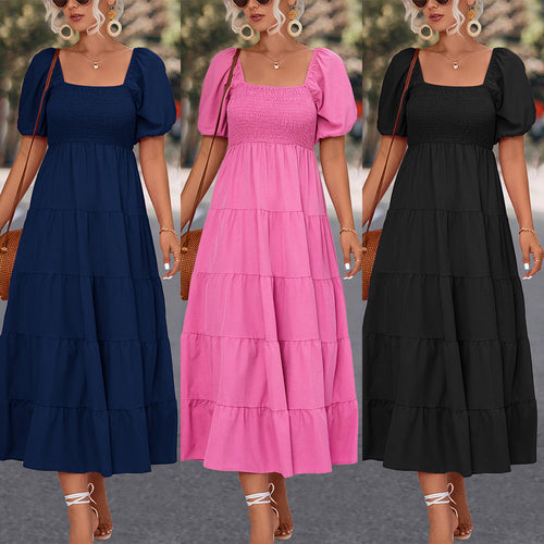 Damen Midi-Kleid mit elastischer Taillierung und voluminösen Puffärmeln EB