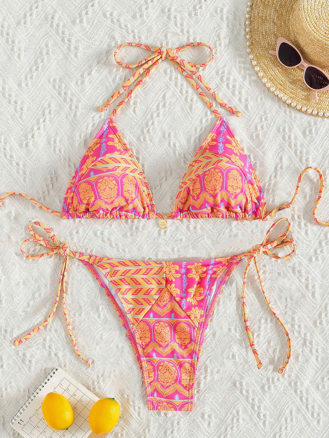 Damen Triangel-Bikini mit verspielt floralem Design und bindbaren Trägern EB