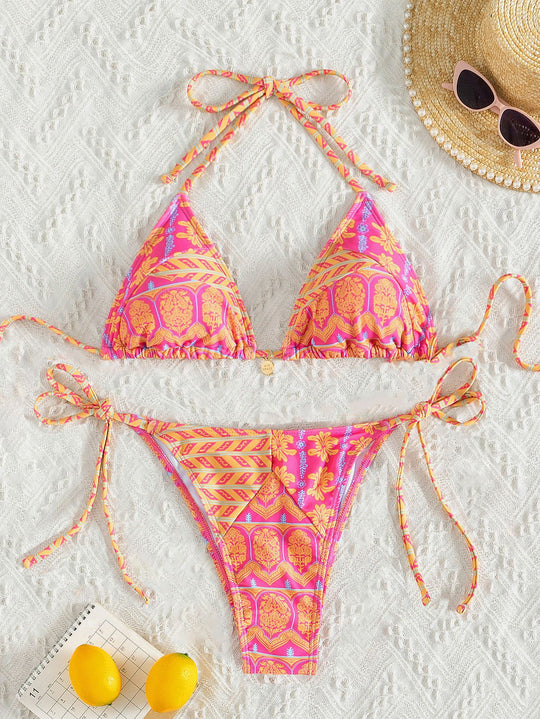 Damen Triangel-Bikini mit verspielt floralem Design und bindbaren Trägern EB