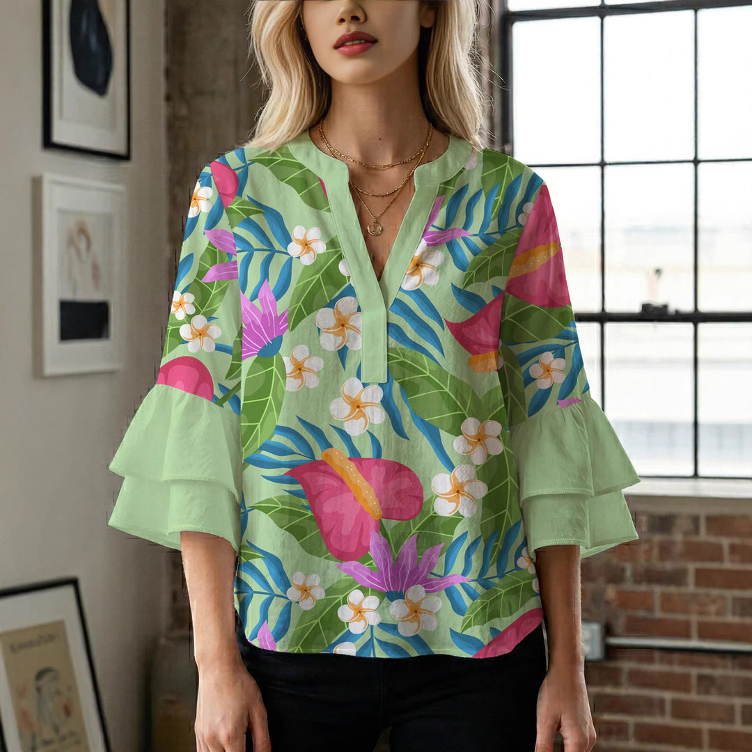 Damen Bluse mit voluminösen Rüschenärmeln und floralem Muster EB