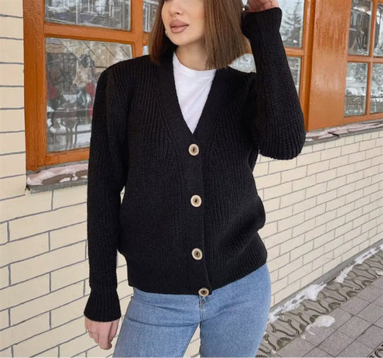 Damen Boxy-Grobstrick-Cardigan mit tiefer V-Leiste, Holzknopfverschluss und geripptem Saum EB