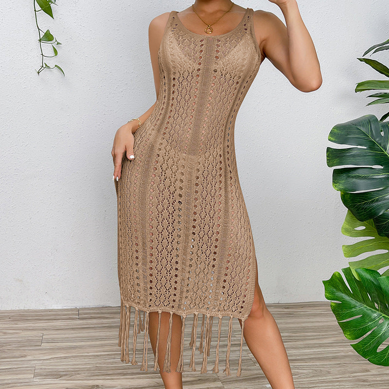 Damen Sommerliches Häkelkleid mit Fransen und seitlichem Schlitz EB