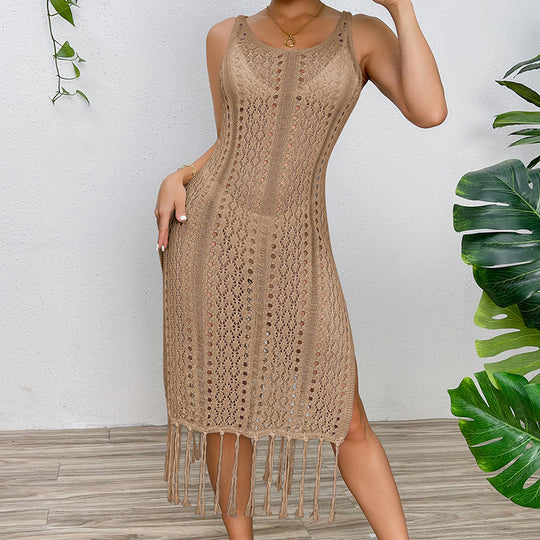 Damen Sommerliches Häkelkleid mit Fransen und seitlichem Schlitz EB