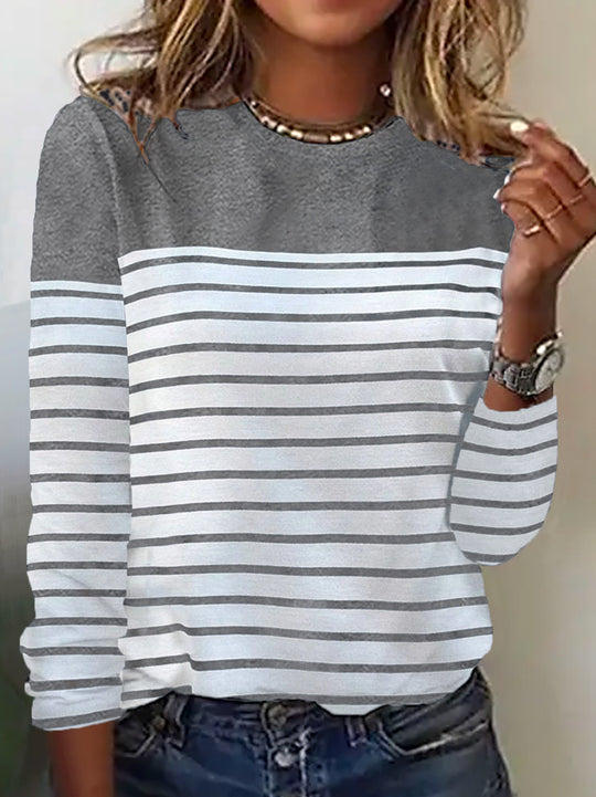 Damen Lässiges Rundhals Longsleeve mit Streifenmuster EB