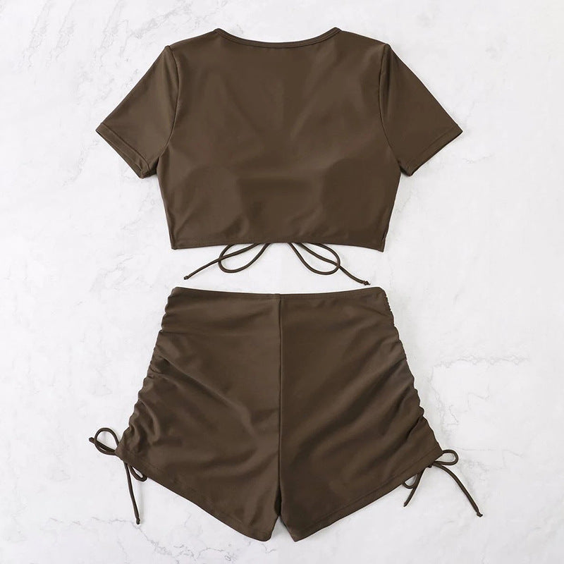 Damen Badeset mit gerafftem Oberteil und hoch tailliertem Slip EB
