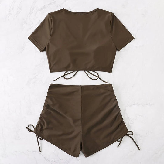 Damen Badeset mit gerafftem Oberteil und hoch tailliertem Slip EB