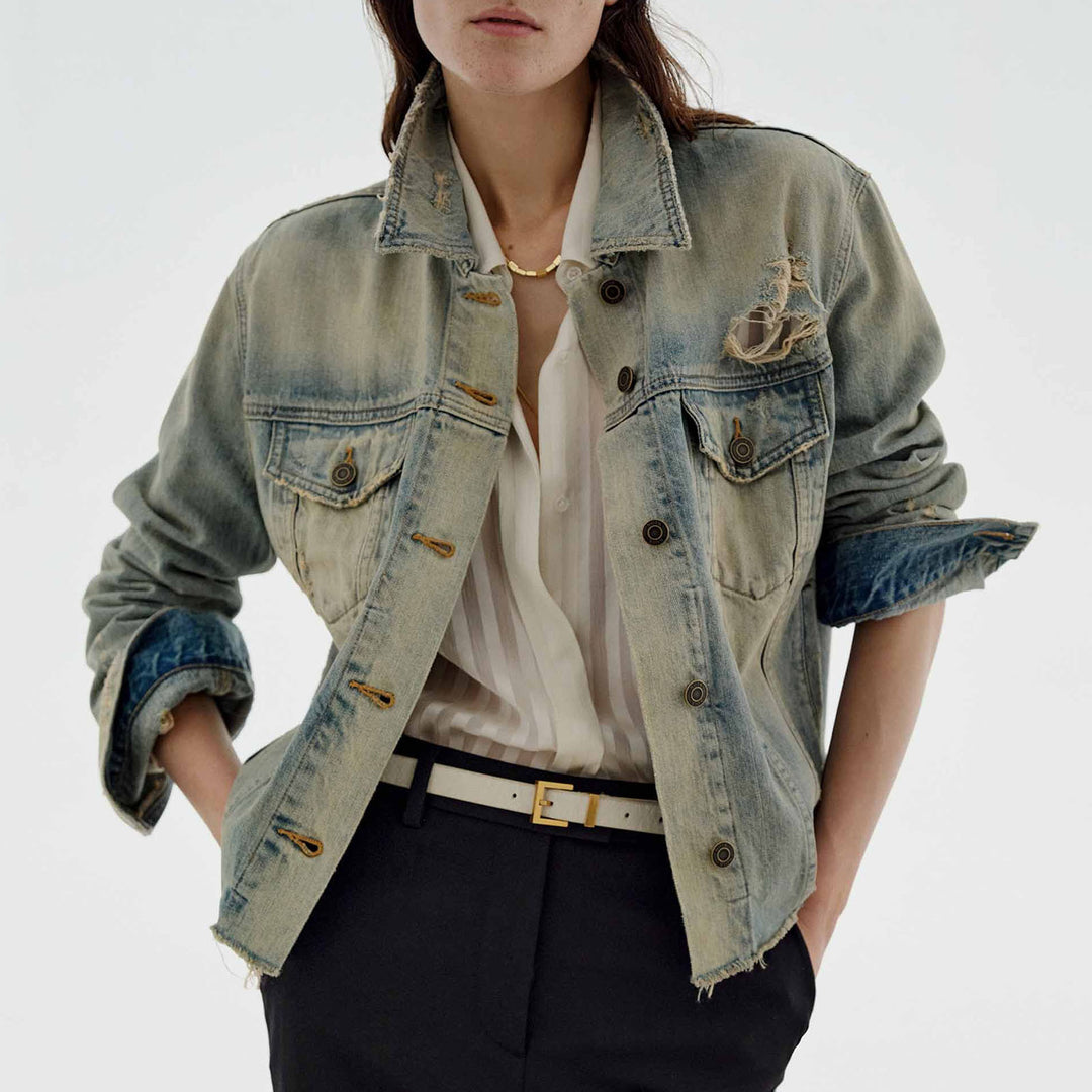 Damen nan oversized Destroyed-Denimjacke mit rohem Saum, aufgesetzten Brusttaschen und vintage Waschung EB