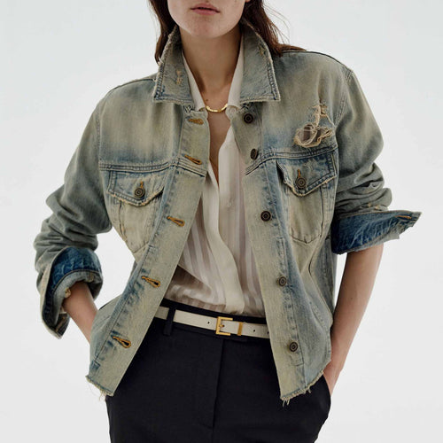 Damen nan oversized Destroyed-Denimjacke mit rohem Saum, aufgesetzten Brusttaschen und vintage Waschung EB