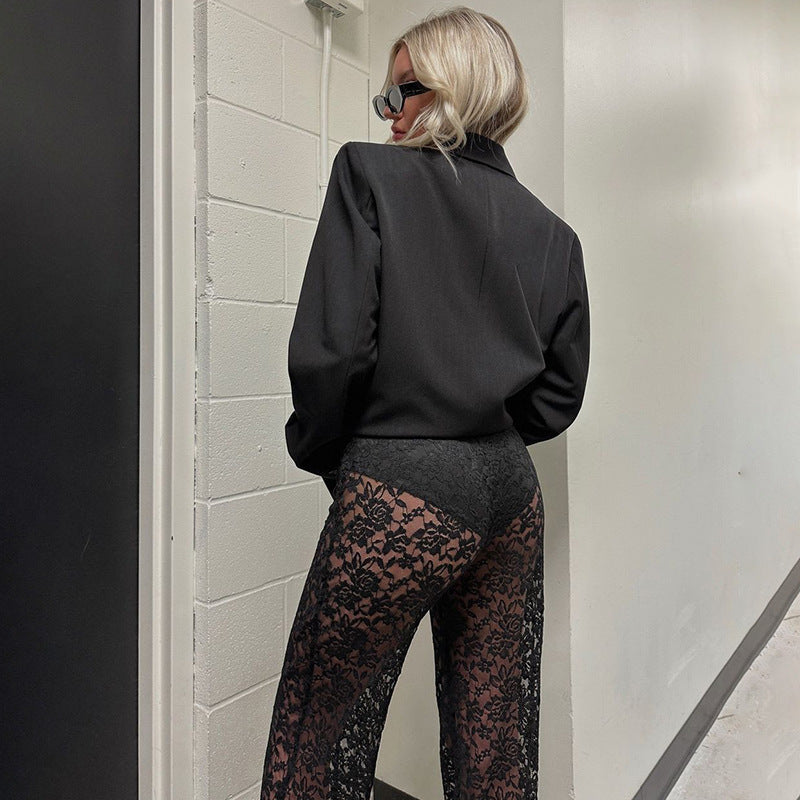 Damen Elegante Spitzenhose mit weitem Bein und hoher Taille EB