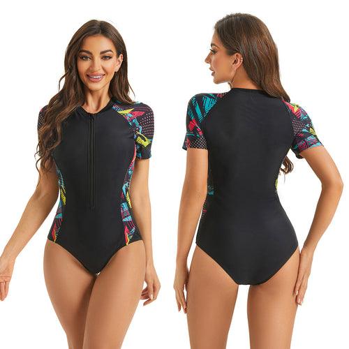 Damen Sportlicher Kurzarm Badeanzug mit buntem Muster EB