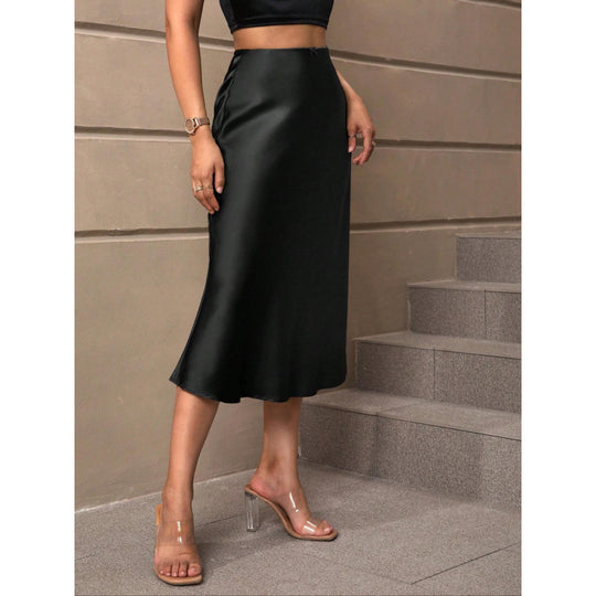 Damen A-Linien Rock aus glänzendem Satin mit hohem Bund EB