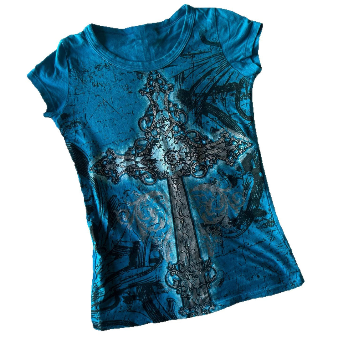 Damen T-Shirt mit grafischem Kreuzdruck und glänzenden Akzenten EB