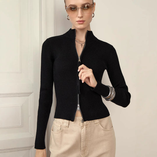 Damen Strickpullover mit hohen Kragen und Reißverschluss EB