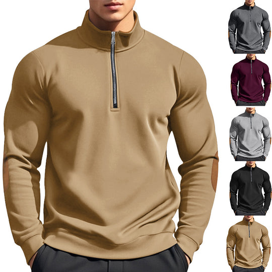 Herren nan halbhoher Zip-Pullover mit Stehkragen, Ellbogen-Patches und modernem Regular Fit EB