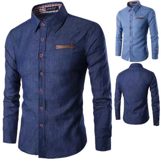 Herren nan Slim-Fit Denim-Hemd mit Brustleistentasche und kariertem Kragenfutter EB